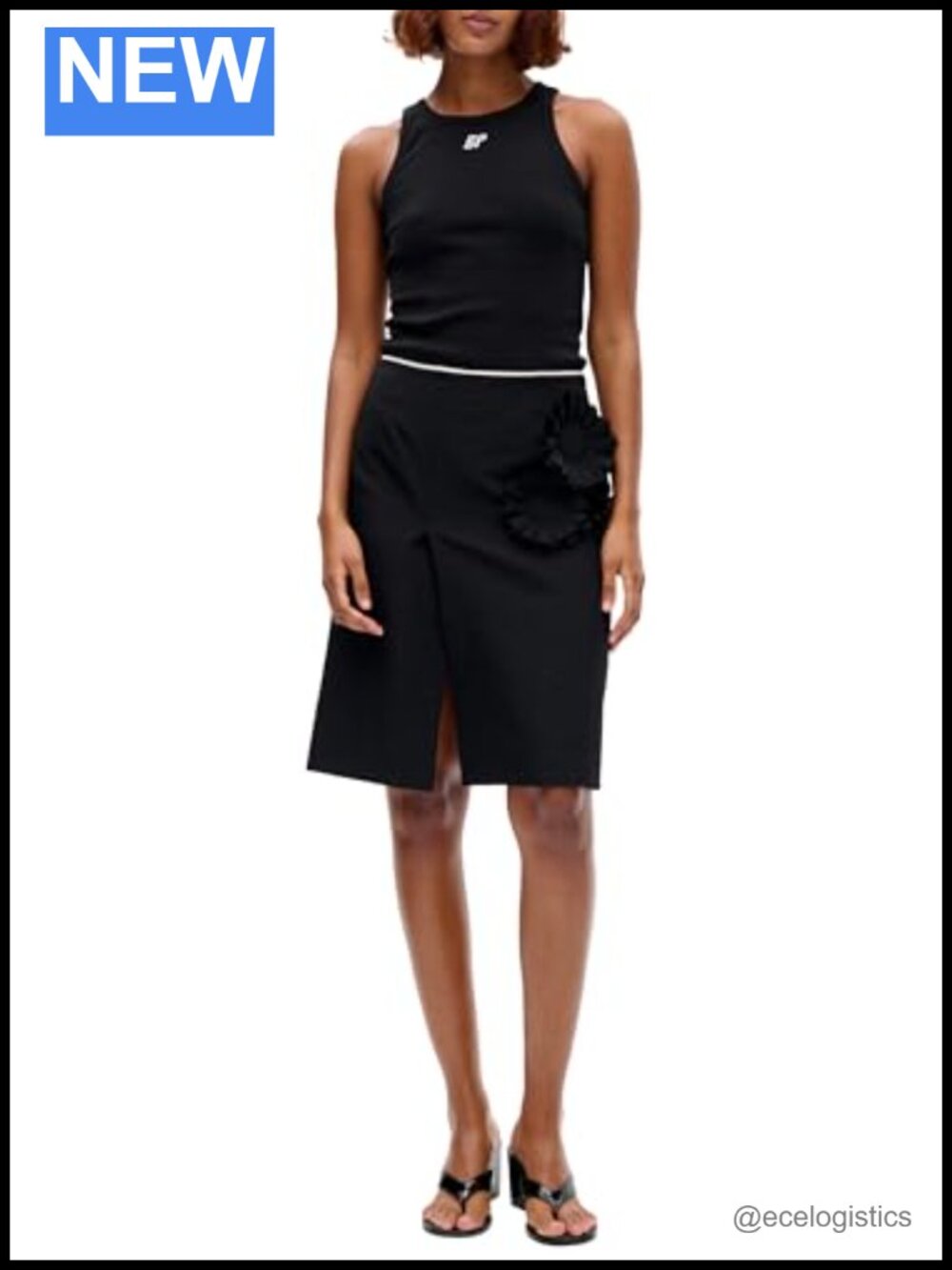Straight Fit Midi Skirt with Pleated Waist Slit and Rosettes